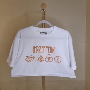 Led-Zeppelin White Graphic T-Shirt Crop Tee - White And Orange Band Tee Sz Large